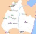 Principal mountains and drainage patterns of Gyeongju. Mountains of 500 to 700 m (1,600 to 2,300 ft) are in green, those taller than 700 m (2,300 ft) in violet. The rest three are in gray.