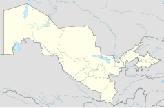 Mapa konturowa Uzbekistanu, blisko prawej krawiędzi nieco na dole znajduje się punkt z opisem „Fergana”