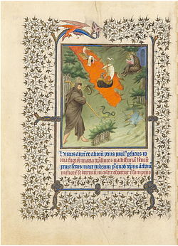 Folio des Belles Heures du duc de Berry : Saint Antoine cherchant l'ermitage de saint Paul . Attribuée aux Frères de Limbourg, Paris, vers 1405-1409. Metropolitan Museum of Art, The Cloisters, 54.1.1, f.191v.