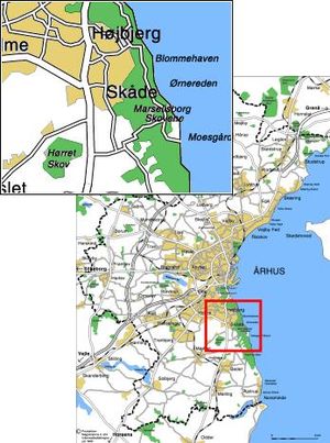 Skådes placering relativt till Århus