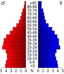 Schéma représentant la population du comté, par tranche d'âge. En rouge, à gauche, les femmes, en bleu à droite, les hommes.