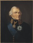 Johan Kristoffer Toll i uniform m/1801 för en fältmarskalk med Serafimerordens band över axeln och dess kraschan på bröstet. Runt halsen bär han kommendörskors för Svärdsorden. Målning av Johan Way.