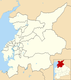 Mapa konturowa Lancasteru, po lewej znajduje się punkt z opisem „Lancaster”