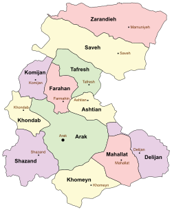 Location of Komijan County in Markazi province (center left, purple)