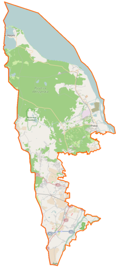 Mapa konturowa powiatu polickiego, blisko lewej krawiędzi u góry znajduje się owalna plamka nieco zaostrzona i wystająca na lewo w swoim dolnym rogu z opisem „Jezioro Nowowarpieńskie”