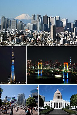 Från topp vänster: Shinjuku, Tokyo Skytree, Regnbågsbron, Shibuya, Japans parlament.