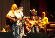 Bob Childers on stage with the Red Dirt Rangers (John Cooper, Brad Piccolo, Ben Han) at the Woody Guthrie Folk Festival July 11, 2007