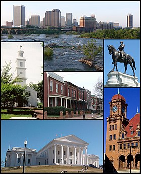 Do topo, da esquerda para a direita: panorama do centro acima da queda do Rio James, St. John's Episcopal Church, Jackson Ward, Monument Avenue, Capitólio Estadual da Virgínia, Main Street Station