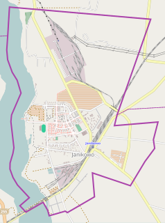 Mapa konturowa Janikowa, blisko górnej krawiędzi po lewej znajduje się punkt z opisem „Parafia św. Jana Chrzciciela”