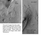 Close-up of layers in Tikhonravov in Arabia, as seen by Mars Global Surveyor, under the MOC Public Targeting Program. Layers may form from volcanoes, the wind, or by deposition under water. The craters on the left are pedestal craters.