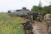 Azov batalyonunun əsgərləri 2014-cü ildə Donbasda müharibə zamanı BMP-2 piyada döyüş maşını yaxınlığında mövqe tuturlar