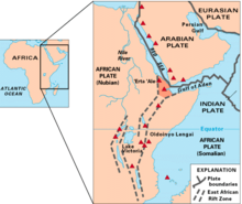 Mapa de l'Àfrica oriental que mostra alguns dels volcans històricament actius i les dues parts de la placa africana