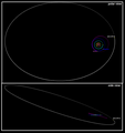 太陽系の上と側面からそれぞれ眺めた時の2012 VP113の軌跡