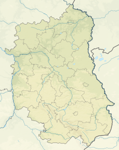 Mapa konturowa województwa lubelskiego, blisko centrum na lewo u góry znajduje się punkt z opisem „miejsce bitwy”