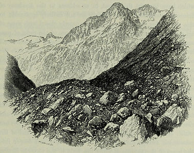 Le vallon des Étançons, avec vue en direction de La Bérarde, illustration extraite de l'ouvrage de l'alpiniste et illustrateur Edward Whymper Escalades dans les Alpes de 1860 à 1868, page 199.