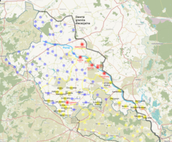 Vesnice Moravců v dnešním Polsku (žlutá barva — lašská nářečí na začátku 20. století)