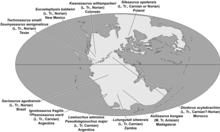 Map of the world during the Triassic with labels for where different animals lived