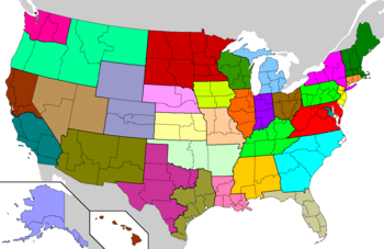 United States map showing each of the 32 Latin Church provinces