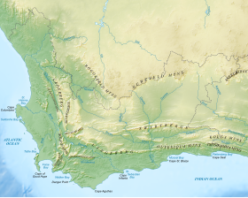 Carte topographique du Cap-Occidental avec les monts Outeniqua au sud-est.