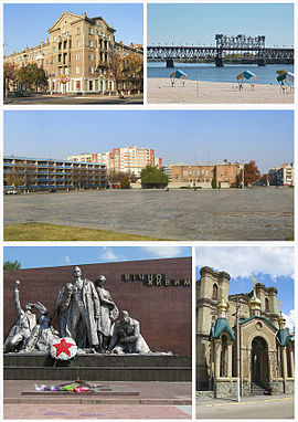 Sol üst: Soborna Sokağı, Sağ üst: Dinyeper Nehri ve Kryukov Köprüsü, Orta: Zafer Meydanı, Sol alt: Vichno Zhyuyn Anıtı, Sağ alt: Aziz Nicolas Kilisesi