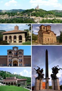 Collage o views o Veliko Tarnovo, Top:View o Tsarevets Fortress, Middle left:Saunt Peter an Paul Kirk, Middle richt:Saunt Demetrius kirk, Bottom upper left:Boris Denev Airt Gallery, Bottom lawer left:Saint Fowerty Martyrs Kirk, Bottom richt:The monument o the Assens