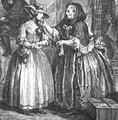 Image 27A detail from plate 1 of William Hogarth's (1697–1764) The Harlot's Progress, showing brothel-keeper Elizabeth Needham, on the right, procuring a young woman who has just arrived in London (from Prostitution)