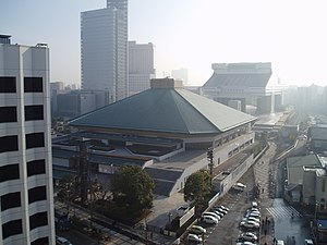 Ryōgoku Kokugikan, view from the West with the Edo-Tokyo Museum in the background