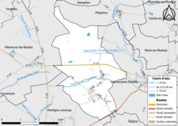 Carte en couleur présentant le réseau hydrographique de la commune