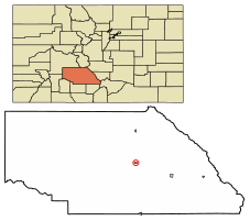 Location of Saguache in Saguache County, Colorado.