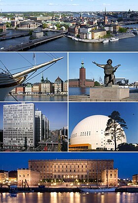 نمای هوایی از گملا ستان، خپسبرون، ساختمان شهرداری استکهلم، ساختمان هوتوریت، اریکسون گلوب و کاخ سلطنتی استکهلم.