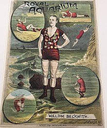 affiche promotionnelle en couleurs : un nageur debout au centre entouré de diverses illustrations