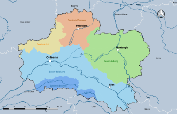 Les cinq principaux bassins versants du Loiret : Loire , Loing, Beuvron, Essonne et Loir.