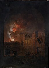 Hubert Robert - L'incendie de l'Opéra : vue d'une croisée de l'Académie de peinture, place du Louvre - 1781 - huile sur toile - 123,5 × 171 cm - Private collection