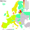 Utbreiing av genotype PiZZ (homozygøs alvorleg α₁-antitrypsinmangel) i Europa).