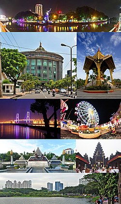 Từ trên xuống, từ trái sang phải: Công viên trung tâm Surabaya, Tòa nhà Graha SA Surabaya, Sanggar Agung Temple, Cầu Suramadu vào ban đêm, Công viên Carnival Carnival, Bảo tàng 10 tháng 11, một trong những ngôi đền Hindu ở Surabaya (Pura Jagatnatha Perak), và UNESA.