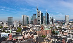 From top to bottom, from left to right: The skyline of Frankfurt am Main, Römerberg, St. Bartholomeus' Cathedral, Alte Oper, Römer.