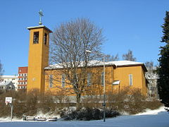 Iladalen Church, Oslo, long church design, brick (1941)