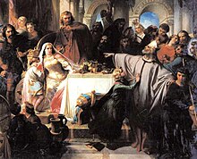 Saint Lambert, debout, apostrophe Alpaïde et Pepin lors d'un banquet ; la première, parce qu'en mêlant sa coupe à celles des autres convives pour la faire bénir, elle a voulu surprendre la bonne foi de l'évêque ; le second, parce qu'en ayant à ses côtés Alpaïde, à la place de sa femme légitime Plectrude, il brave les lois et la défense de l'Église.