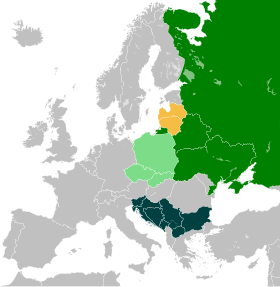 Země, v nichž se hovoří baltskými (žlutá) a slovanskými (odstíny zelené) jazyky.