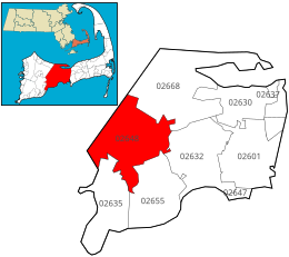 Location of ZIP code 02648 Marstons Mills within the Town of Barnstable, county, and state