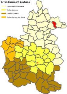 Carte en couleurs présentant la situation de la commune dans l'arrondissement de Louhans.