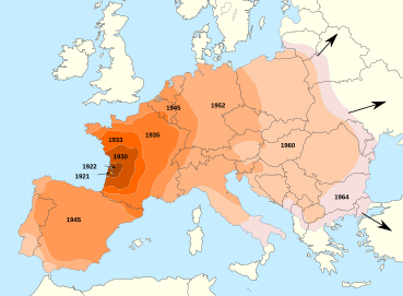 Expansión del área de distribución del escarabajo de la patata de Colorado en Europa, 1921-1964