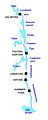 A map of the Kragerø watershed estuary, showing the names of the numerous bodies of water. The black squares represent power plants on the river.