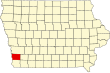 Harta statului Iowa indicând comitatul Mills