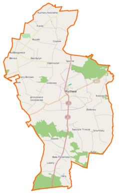 Mapa konturowa gminy Rychwał, blisko centrum u góry znajduje się punkt z opisem „Dąbroszyn”