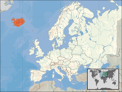  Islands placering  (rød) på det europæiske kontinent  (gul)  –  [Forklaring]