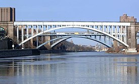 Three Harlem River bridges: High Bridge nearest; Alexander Hamilton Bridge; and Washington Bridge, farthest. Washington Heights on left; the Bronx on right