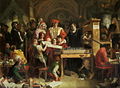 Caxton montrant un premier tirage de son imprimerie au roi Édouard IV et sa famille, à l'Aumônerie de Westminster (tableau de Daniel Maclise, 1851).