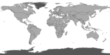 Mapa mundial on destaquen les àrees (més fosques) amb clima glacial o polar de casquet polar EF d'acord amb la classificació climàtica de Köppen-Geiger