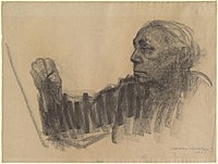 Käthe Kollwitz, "selfportret", houtskool op bruinpapier, 1933